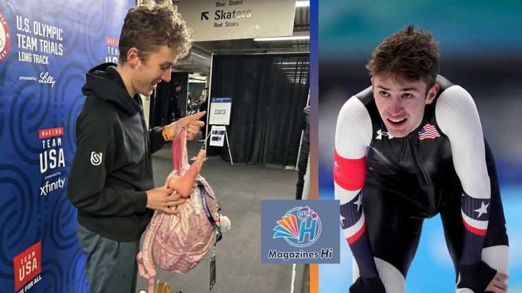 "US Olympian Casey Dawson holding a pink backpack at Team USA trials due to fantasy football punishment, combined with his speed skating photo.