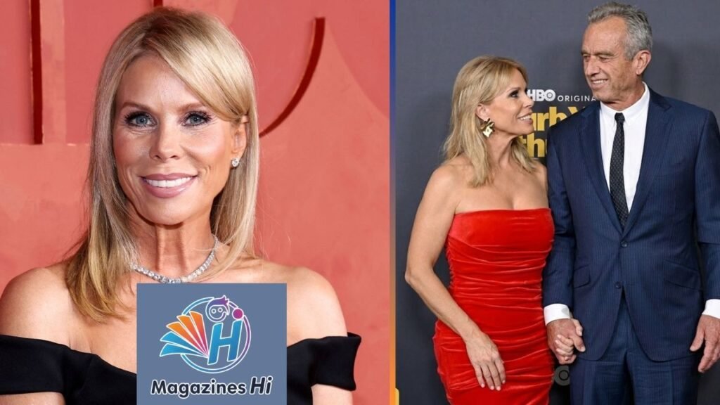 Cheryl Hines in a red dress smiling on the left, and holding hands with her husband Robert F. Kennedy Jr. on the red carpet on the right. Exclusive image by Magazines Hi.