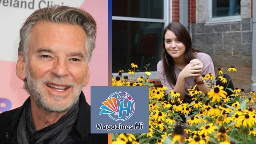 Isabella Loggins posing in a garden next to a portrait of her father Kenny Loggins — Magazineshi exclusive profile.