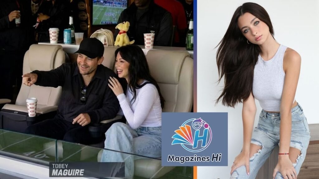 Mishka Silva and Tobey Maguire flirting at Super Bowl LX VIP box