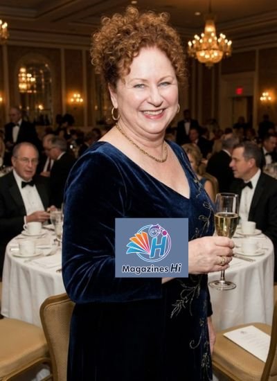 Nancy Harbour smiling at a formal event, wearing a dark blue dress.