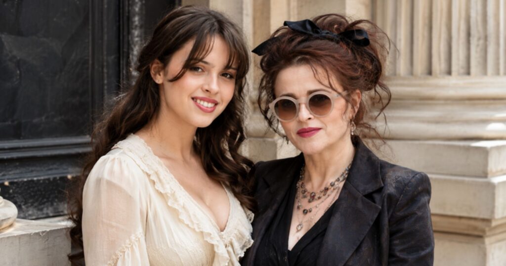 Nell Burton with Helena Bonham Carter in a London fashion portrait